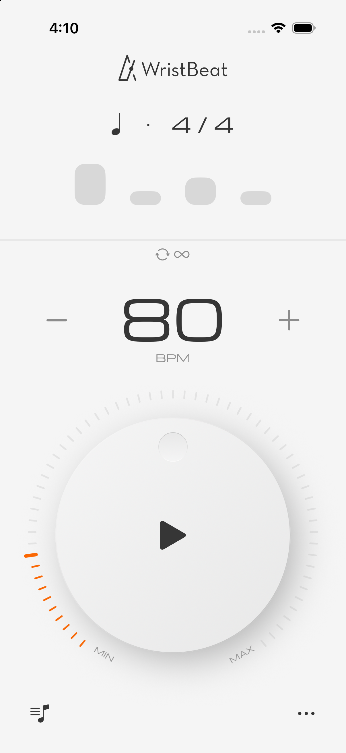 WristBeat iPhone metronome showing 80 BPM and a 4/4 rhythm