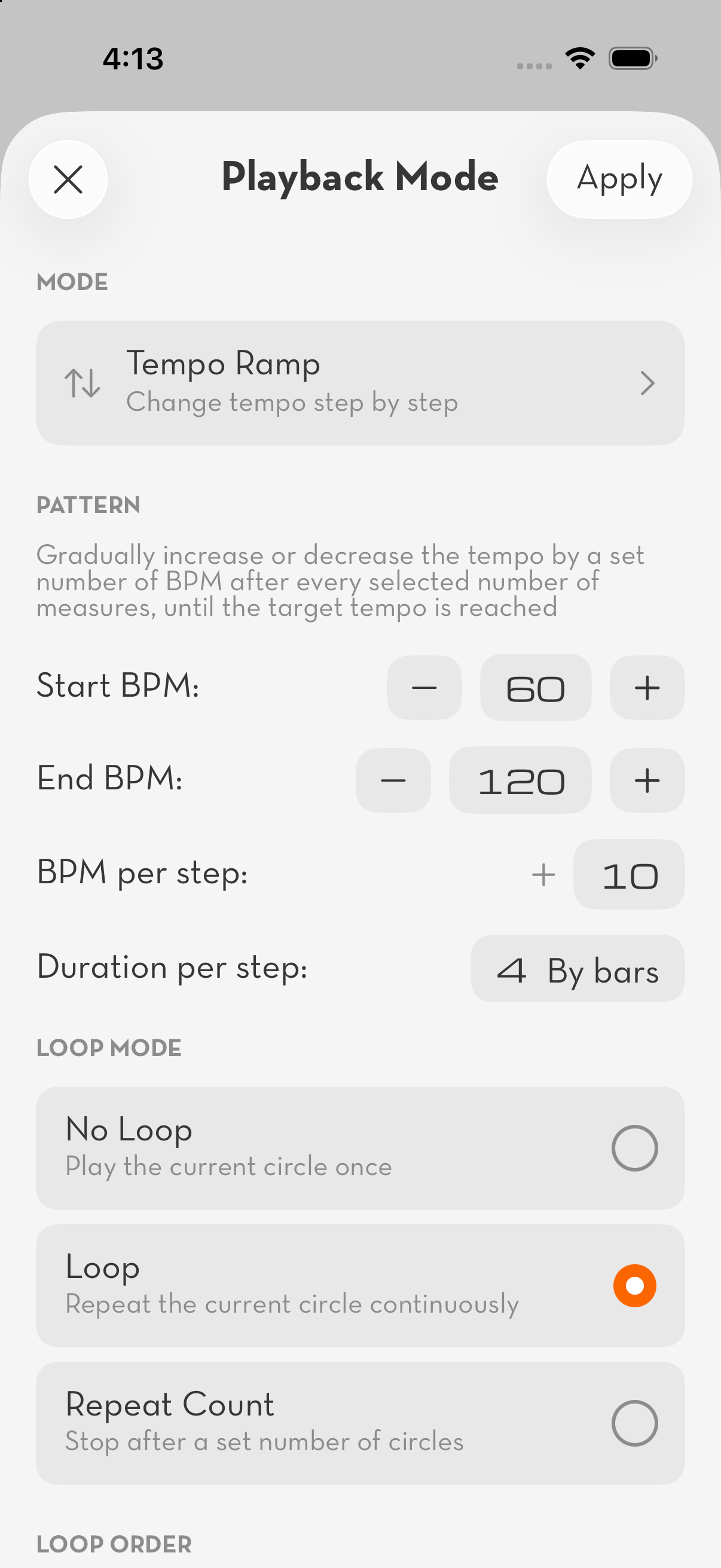 WristBeat iPhone Tempo Ramp settings from 60 to 120 BPM