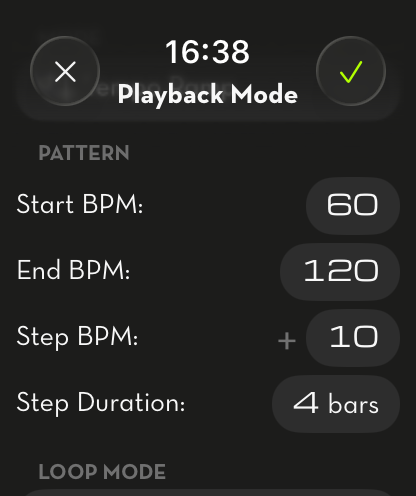 WristBeat Apple Watch Tempo Ramp settings from 60 to 120 BPM